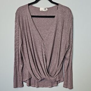 Everleigh Bronze Ribbed Long Sleeve Faux Surplice Bubble Hem Blouse XL